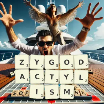 Creative illustration for a Scrabble game with the word ZYGODACTYLISM spelled out in tiles on the board.