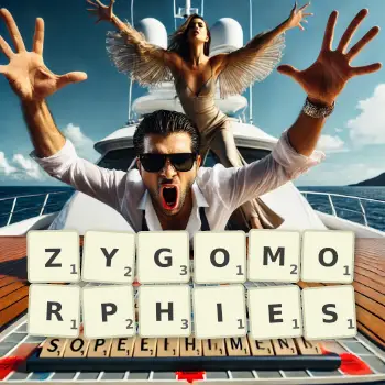 Creative illustration for a Scrabble game with the word ZYGOMORPHIES spelled out in tiles on the board.
