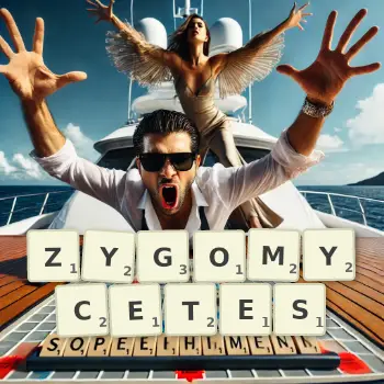 Creative illustration for a Scrabble game with the word ZYGOMYCETES spelled out in tiles on the board.