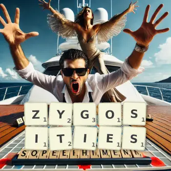 Creative illustration for a Scrabble game with the word ZYGOSITIES spelled out in tiles on the board.