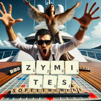 Creative illustration for a Scrabble game with the word ZYMITES spelled out in tiles on the board.