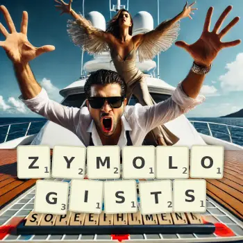 Creative illustration for a Scrabble game with the word ZYMOLOGISTS spelled out in tiles on the board.