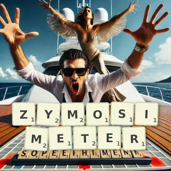 Creative illustration for a Scrabble game with the word ZYMOSIMETER spelled out in tiles on the board.